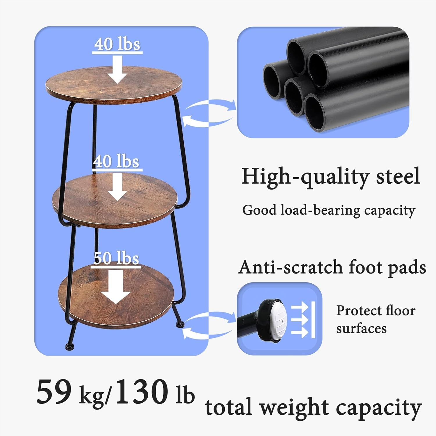 Small Side Table, 3 Tier round End Table Slim Accent Table Industrial Vintage Nightstand, Metal Frame and Rustic Wood Coffee Table for Small Spaces, Bedroom, Living Room (Brown)