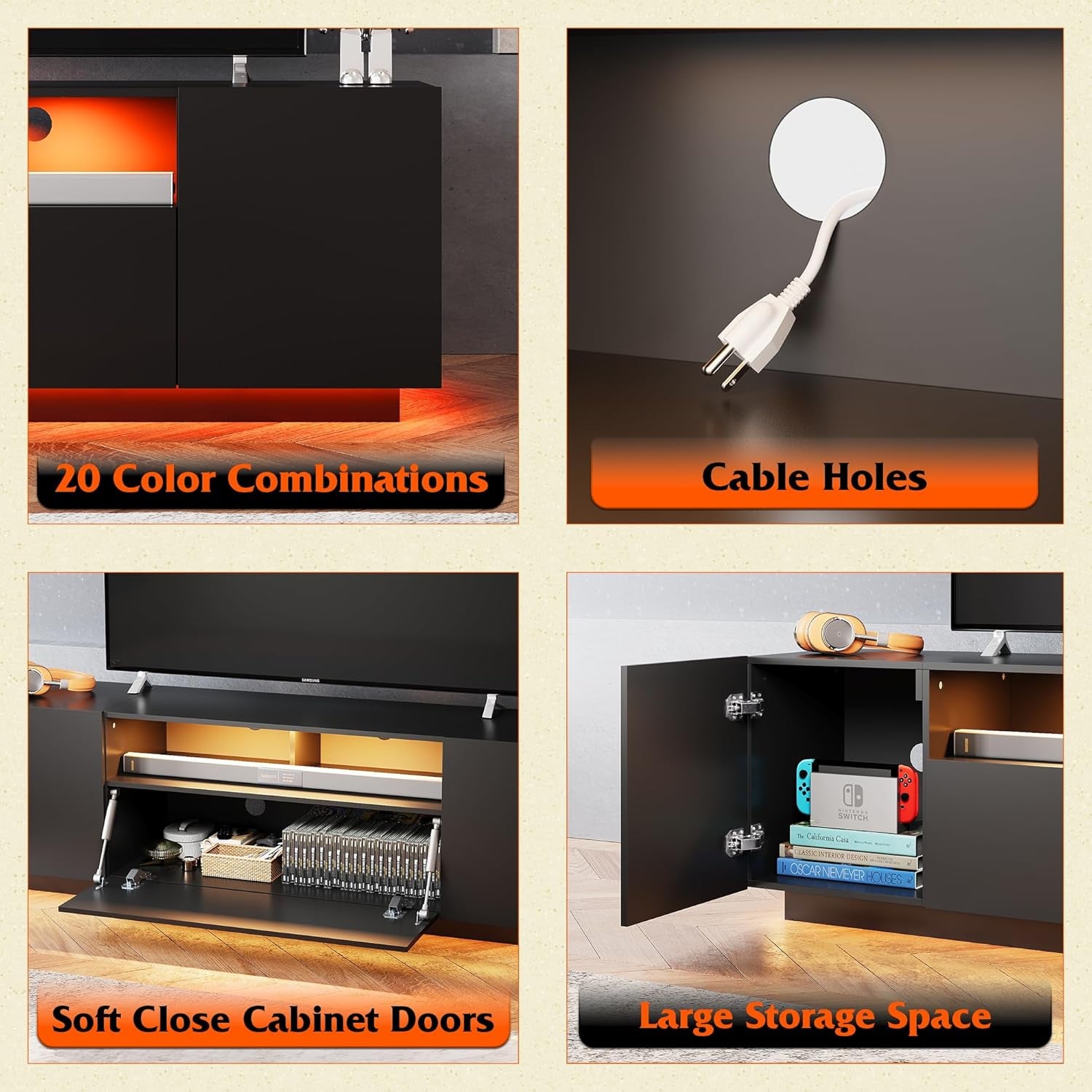 TV Stand with LED Lights & Large Storage Cabinet, Modern Entertainment Center for 65 Inchs TV, Sturdy Media Console for Living Room, Bedroom,Gaming(Black)