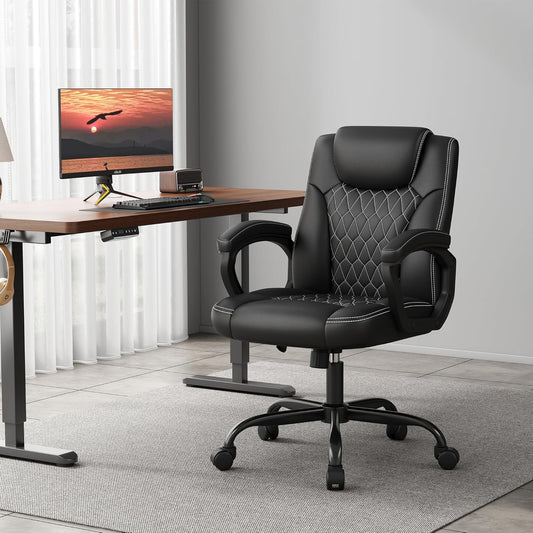 Office Chair, Executive Desk Chair, PU Leather Comfortable Executive Chairs with Fixed Armrest, Adjustable Height, Rocking Function, 360° Swivel Wheels, Black
