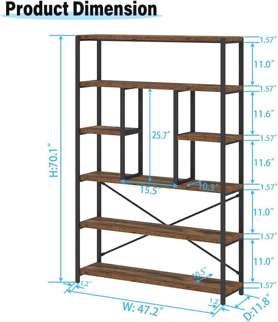 Rustic Bookcases and Book Shelves, Metal Wood 6 Tier Bookshelf and Book Rack Storage, Industrial Vertical Display Etagere Book Case 6 Shelf, Vintage Large Book Shelf for Bedroom Living Room, Brown