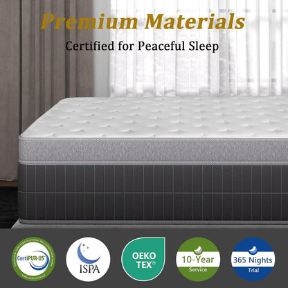 Twin Mattress 10 Inch, Individual Wrapped Pocket Springs Zoned Hybrid Mattress with Gel Memory Foam, Ergonomic Pressure Relief, Enhanced Edge Support, Breathable Comfort Night, 365-Night Trial