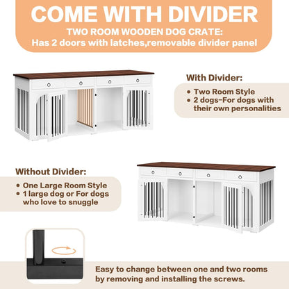 Large Dog Crate Furniture,74.8" Wooden Double Dog Kennel Cage Furniture Indoor for 2 Large Medium Dogs TV Stand with Divider and 2 Drawers,White