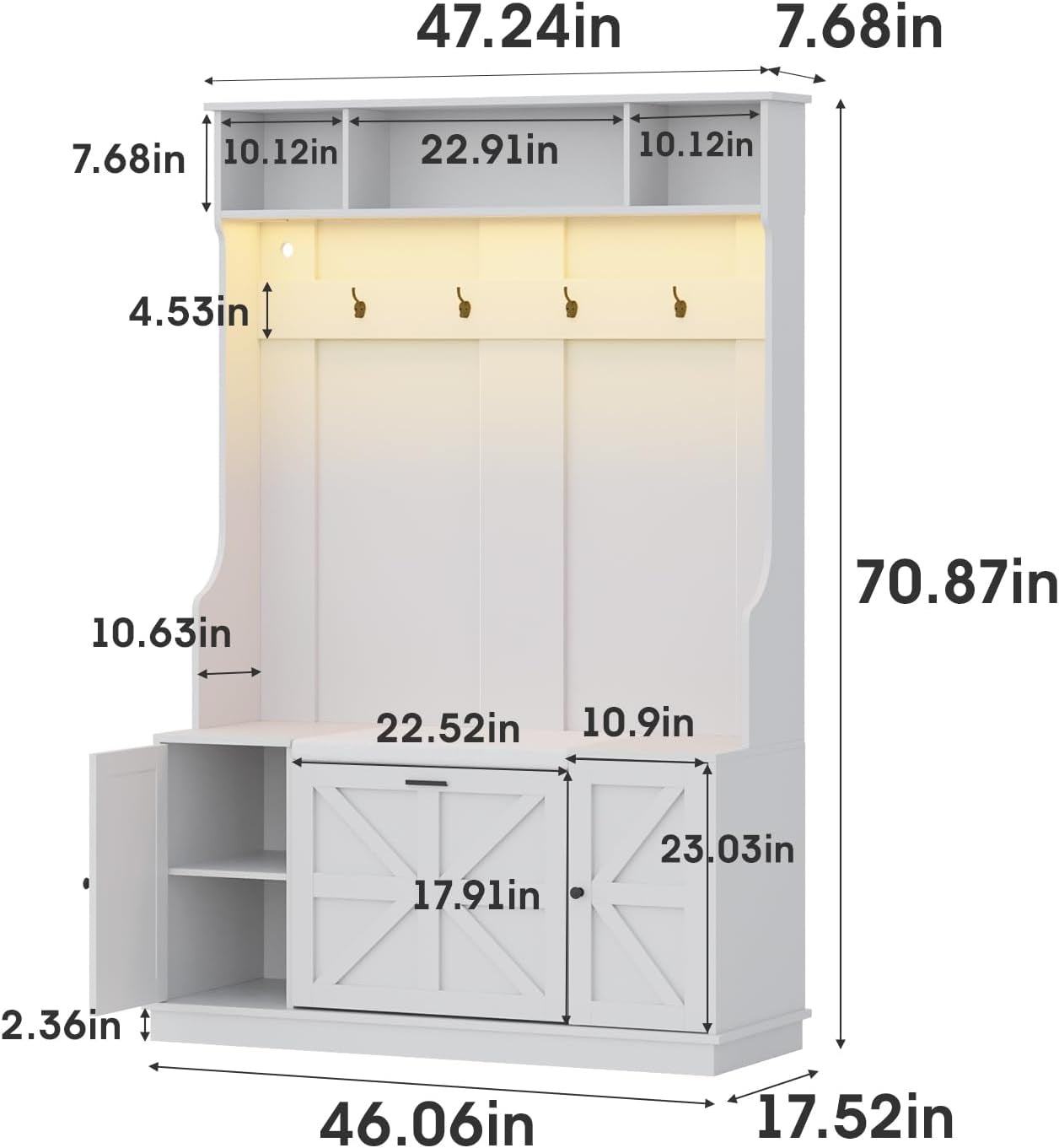 Hall Tree with Bench and Shoe Storage, Coat Rack with Shoe Bench, 6 Shoe Cubbies, 4 Coat Hooks, LED Lights, Entryway Hall Tree, Wood Coat Tree with Soft Cushion for Hallway, Mudroom