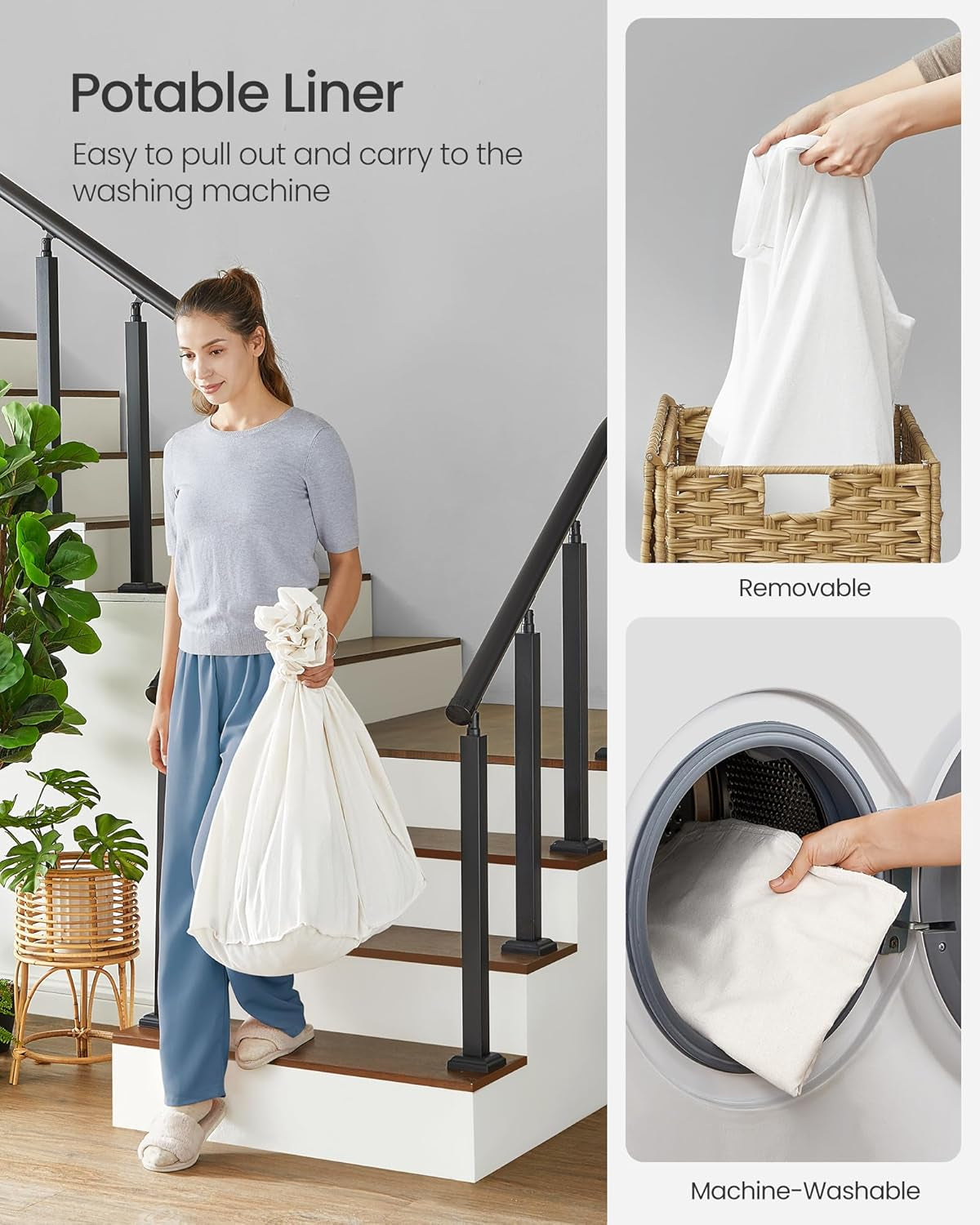 Laundry Hamper with Lid, 42.3 Gallons (160 L), Rolling Laundry Basket with Wheels, 3-Section Synthetic Rattan, Removable Liner, Bedroom, 27.6 X 14.2 X 26 Inches, Natural ULCB365N01