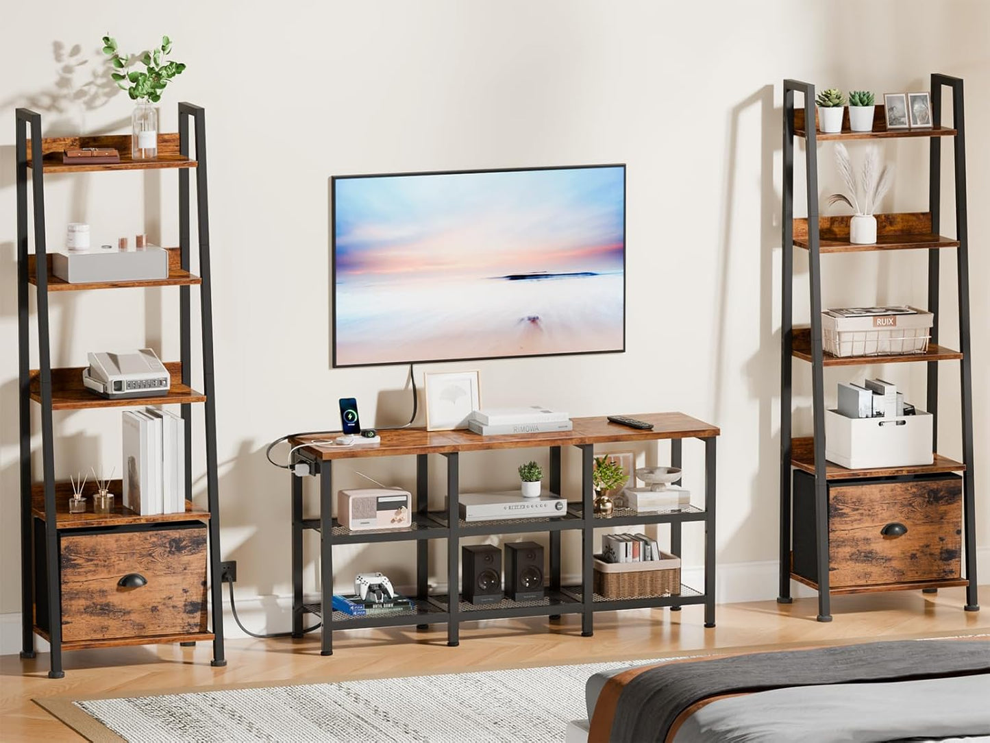 TV Stand with Power Outlets, Small Entertainment Center with Open Storage Shelves, Media Console Center for Tvs up to 50 Inch, Television Stands for Living Room/Bedroom, Rustic Brown