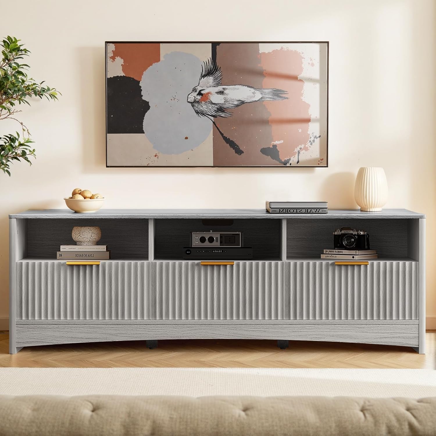 59″ Wide TV Stand for Tvs up to 65″, Modern Entertainment Center with Fluted Panels, 3 Easy-Sliding Drawers, Open Shelves & Cable Hole, Sturdy 3-Tier TV Stands for Living Room & Bedroom, Grey