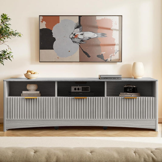 59″ Wide TV Stand for Tvs up to 65″, Modern Entertainment Center with Fluted Panels, 3 Easy-Sliding Drawers, Open Shelves & Cable Hole, Sturdy 3-Tier TV Stands for Living Room & Bedroom, Grey