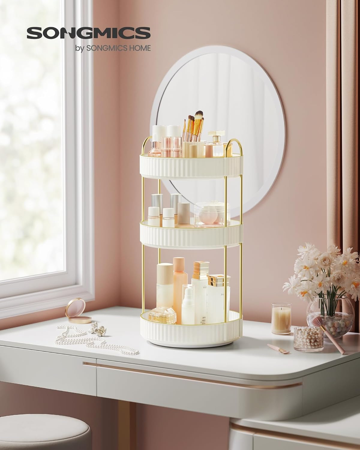 Makeup Organizer, 3-Tier round Rotating Skincare Organizer Countertop, Customizable, Toiletries Vanity Organizer, Lazy Susan, Gift, Cloud White UJKA011W01