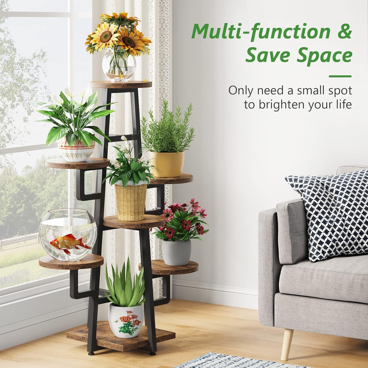 7 Tier Plant Stand Indoor for Multiple Plants, Wooden Corner Plant Pots Holder Rack Flower Stand Tall Shelf Planter Organizer for Living Room Balcony Garden, Rustic Brown