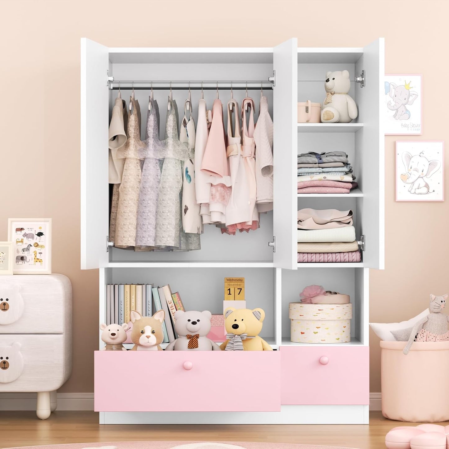 White Armoire Wardrobe Closet with Adjustable Storage Shelves and Drawers, Freestanding Wooden Wardrobe Cabinet Closet, Kids Bedroom Armoire with 3 Doors, Hanging Rod, Toy Storage for Kids' Room, Dorm