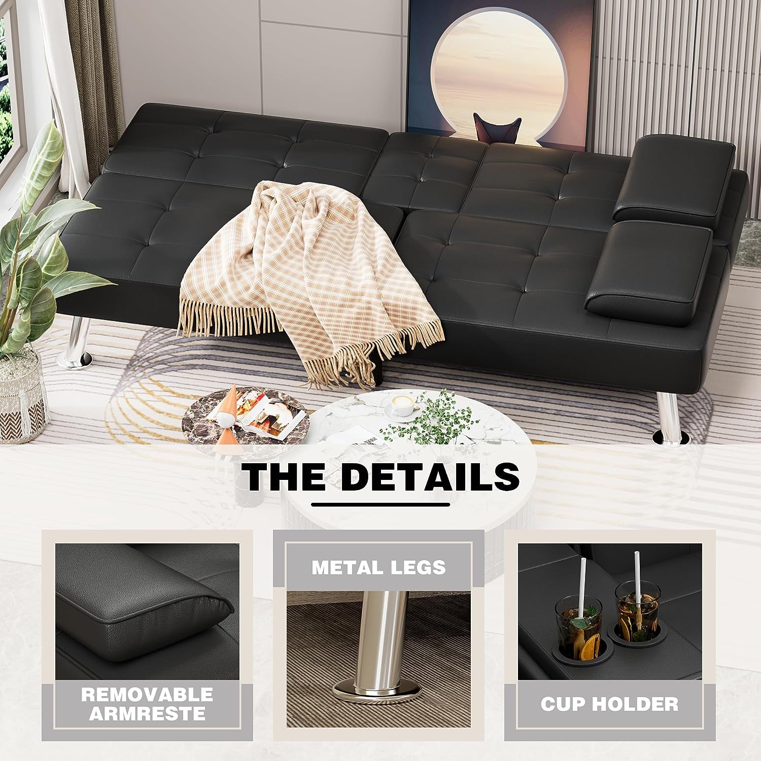 Faux Leather Futon Sofa Bed Futon Couch with Removable Armrests Adjustable Sleeper Sofa Bed with 2 Cup Holders for Living Room (PU Leather, Black)