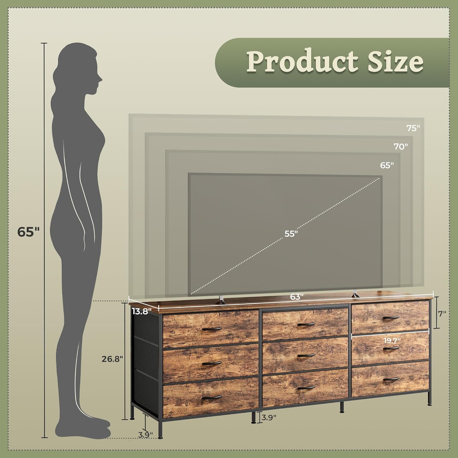 63 Inch Dresser for Bedroom, Dresser for Closet with 9 Drawers, Large TV Stand for 55, 65, 70 Inch TV, Entertainment Center with Storage, Wide Long Chest of Drawers, Rustic Brown