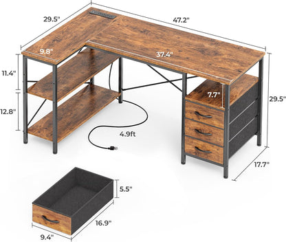 L Shaped Office Desk with Power Outlets, 47 Inch Computer Desk with 3 Drawers, Shelves, for Gaming, Corner Work, Home Office, Study, Rustic Brown