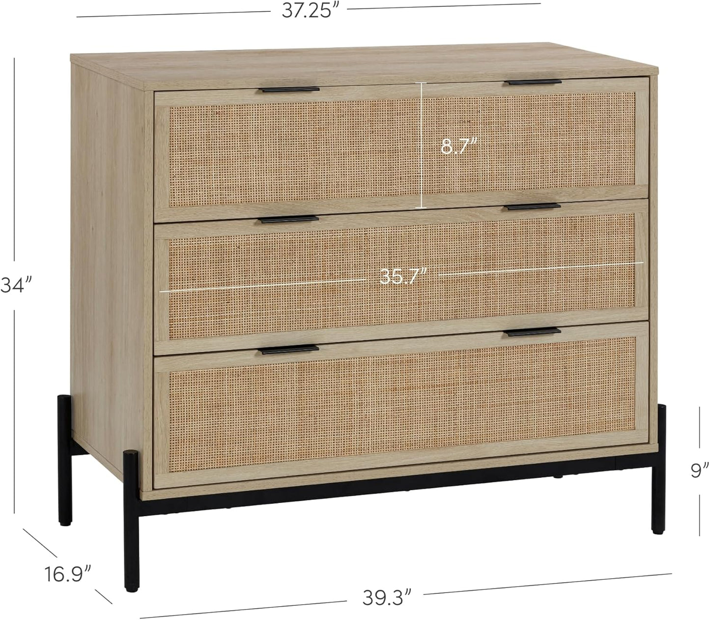 Andrew 3-Drawer Rattan Dresser or Bohemian Living Room Storage Cabinet with Natural Rattan Accent and Metal Legs, Light Oak/Black, Set of 2