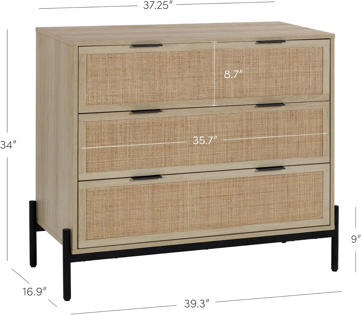 Andrew 3-Drawer Rattan Dresser or Bohemian Living Room Storage Cabinet with Natural Rattan Accent and Metal Legs, Light Oak/Black, Set of 2