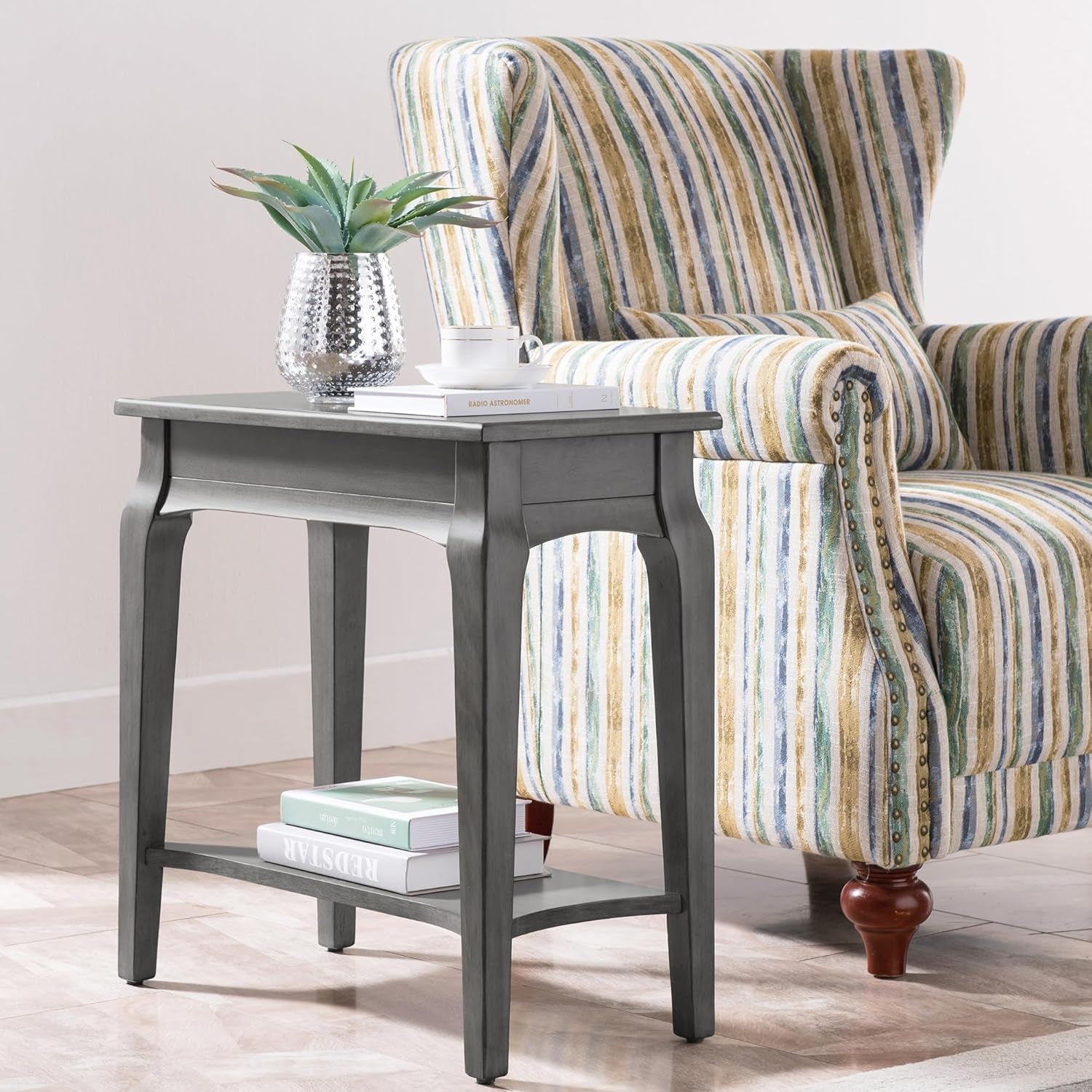 Stratus Solid Wood Narrow Side End Table with Shelf, Smoke Gray, Perfect for Living Rooms, Bedrooms, and Small Spaces – , 22005-GR