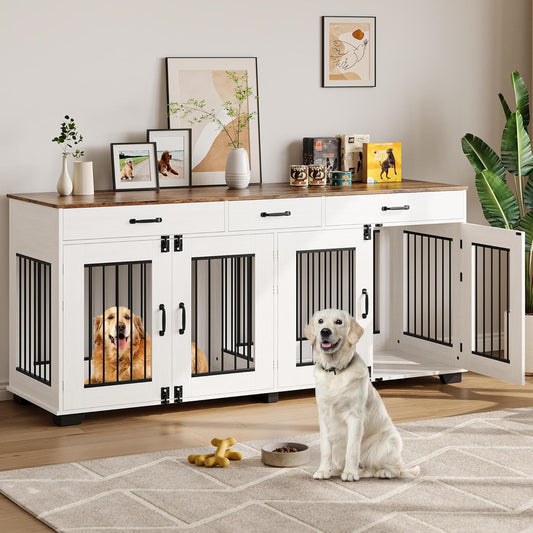 71" Large Dog Crate for 2 Dogs, Double Dog Cage Furniture with 3 Drawers for Ample Storage Space, Furniture Style Indoor Dog Crate & TV Stand, for Large Medium Dogs, White