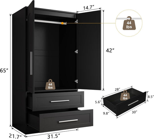 Wooden Armoire Wardrobe Closet with 2 Drawers, Clothing Storage Cabinet with Shelves Aluminum Hanging Rod, Wardrobe Storage with Strong Door Closure, Modern Bedroom Clothing Armoires, Black
