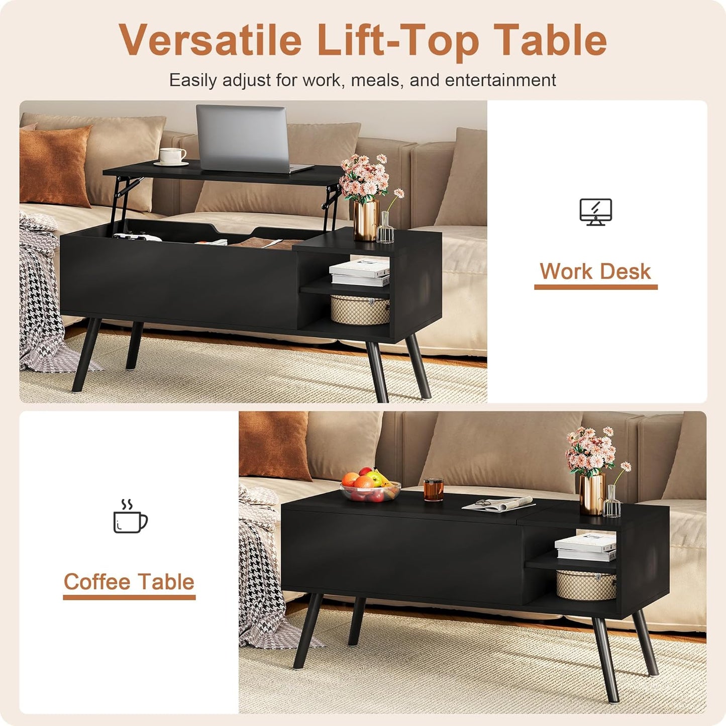 Black Lift Top Coffee Table with Hidden Storage Compartment, Solid Wood Legs & Open Shelves - 40" Pop up Coffee Tables for Living Room
