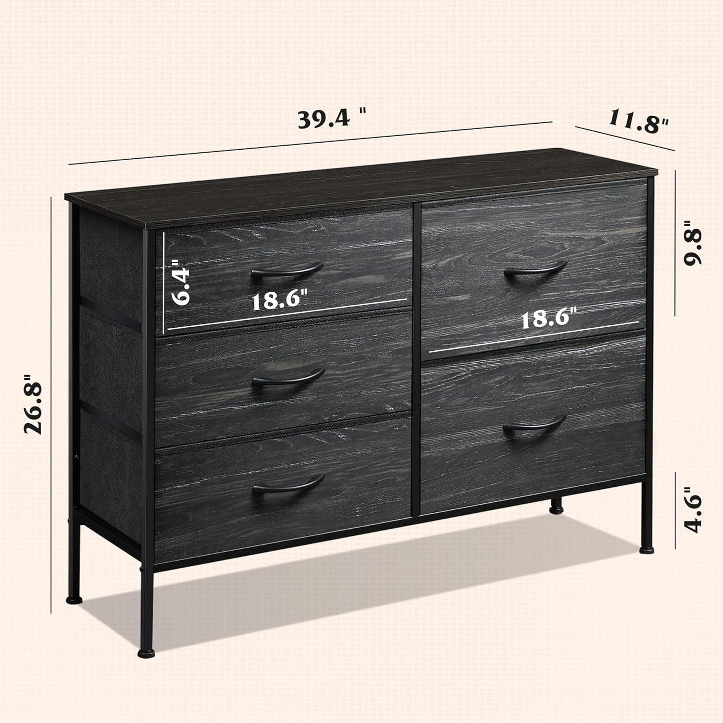 Dresser for Bedroom with 5 Drawers, Wide Dressers with Drawer Organizers, Chest of Drawers, Fabric Dresser for Living Room, Closet, Hallway, Charcoal Black Wood Grain Print