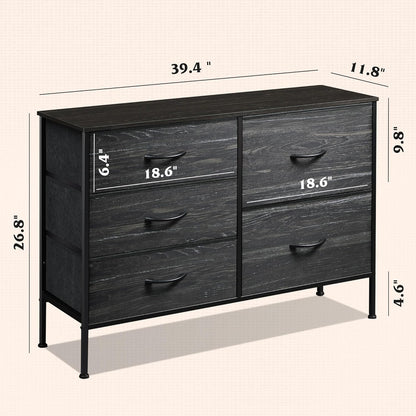 Dresser for Bedroom with 5 Drawers, Wide Dressers with Drawer Organizers, Chest of Drawers, Fabric Dresser for Living Room, Closet, Hallway, Charcoal Black Wood Grain Print