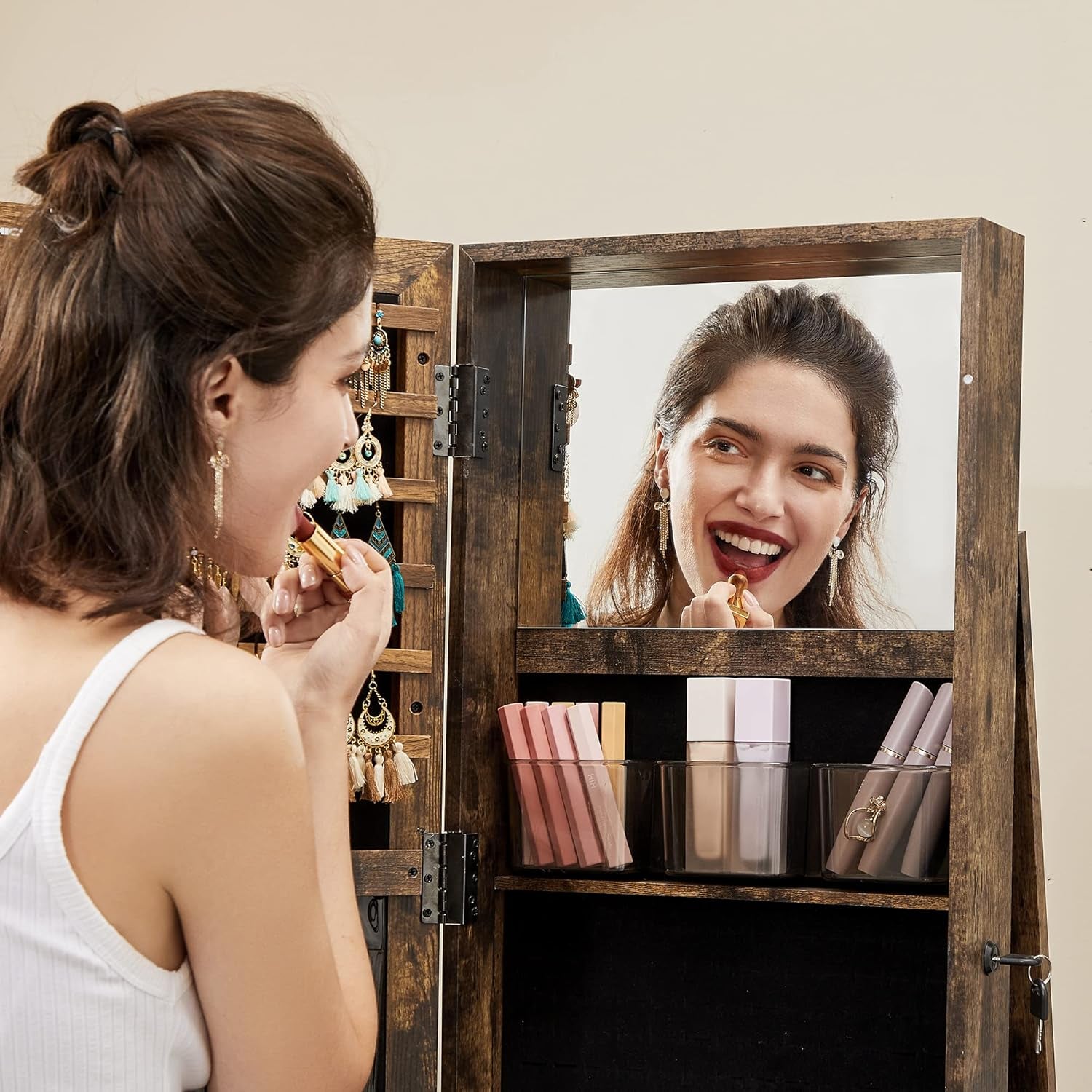 360° Swivel Jewelry Cabinet, Lockable Jewelry Organizer with Full-Length Mirror, Rear Storage Shelves, Interior Mirror, Jewelry Armoire, Gift Idea, Rustic Brown UJJC006X01