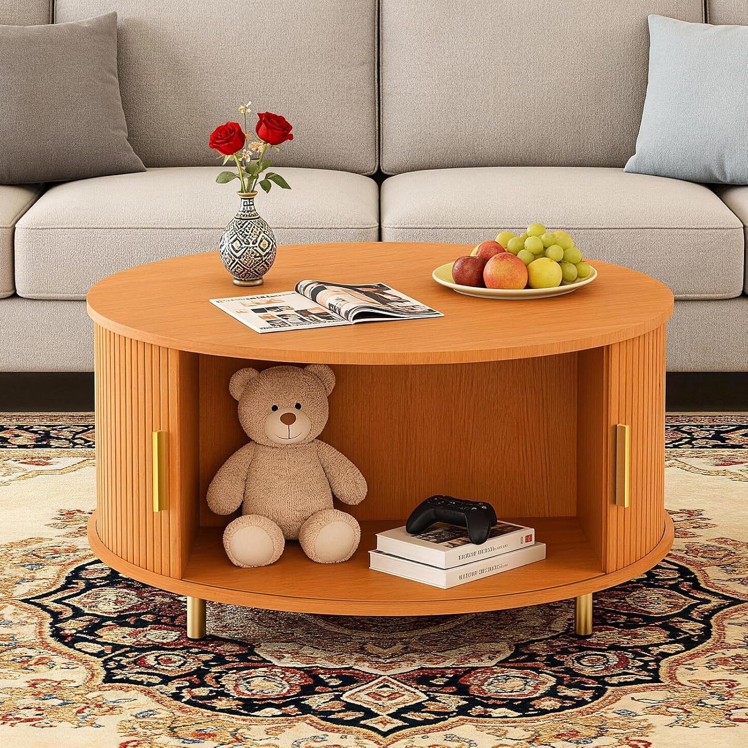 round Coffee Table, 31.5" Mid Century Modern Coffee Table with 360° Sliding Tambour Door, Fluted Accent Coffee Table with Storage,Adjustable Footpads for Living Room, Yellow Walnut