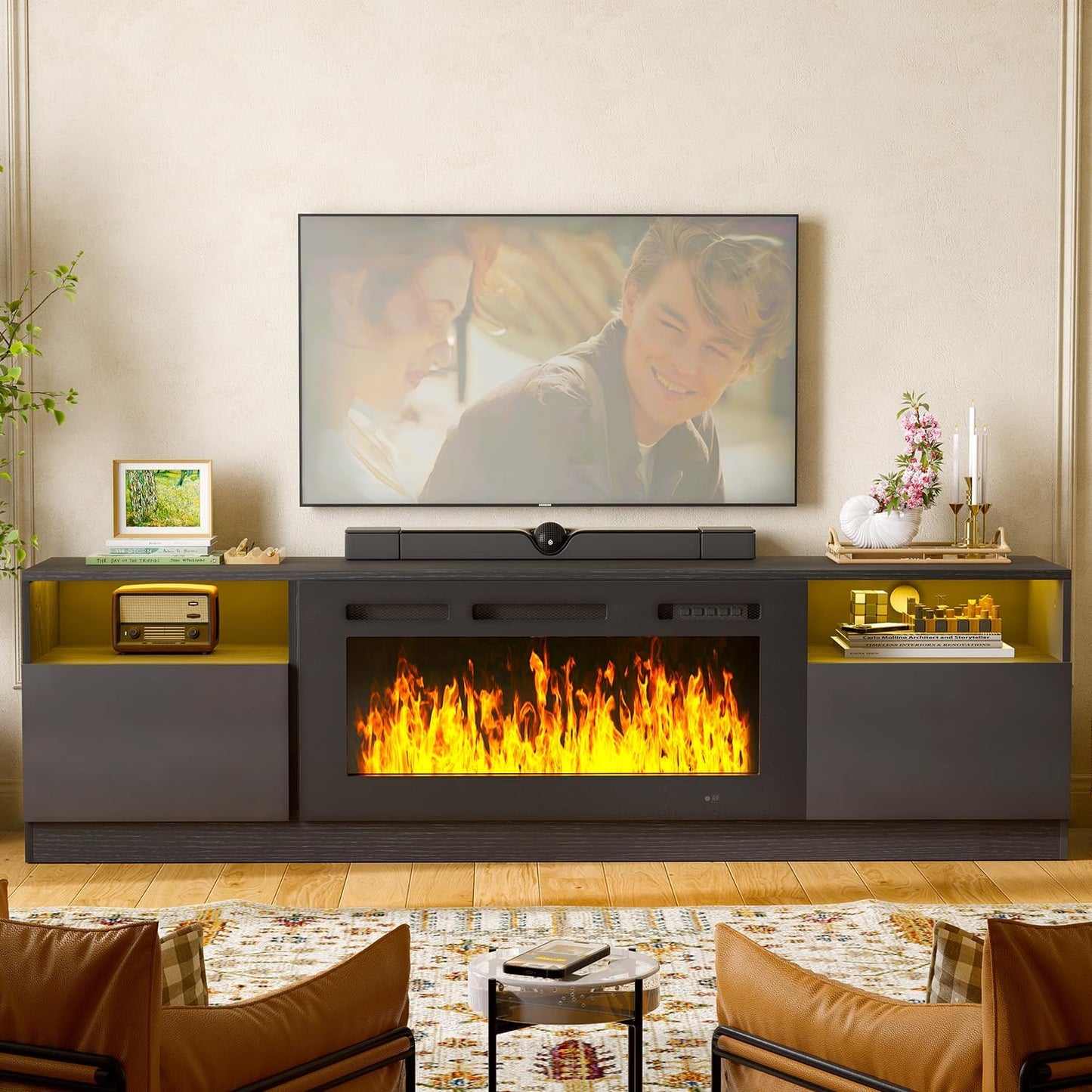 80" Fireplace TV Stand for Tvs up to 90", LED Light Entertainment Center with 36" Electric Fireplace, Modern Wood Texture TV Media Console with Highlight Storage Cabinet, Black+Black