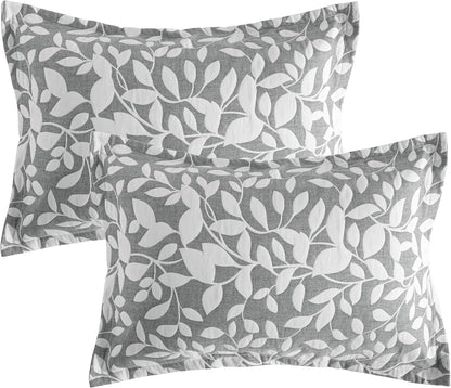Cotton King Pillow Shams, 3 Layer Muslin Breathable Soft Thermal Yarn Dyed Sham Covers, 2 Pack 20X36 Oxford Pillowcases with Envelope Closure, Grey Leaf