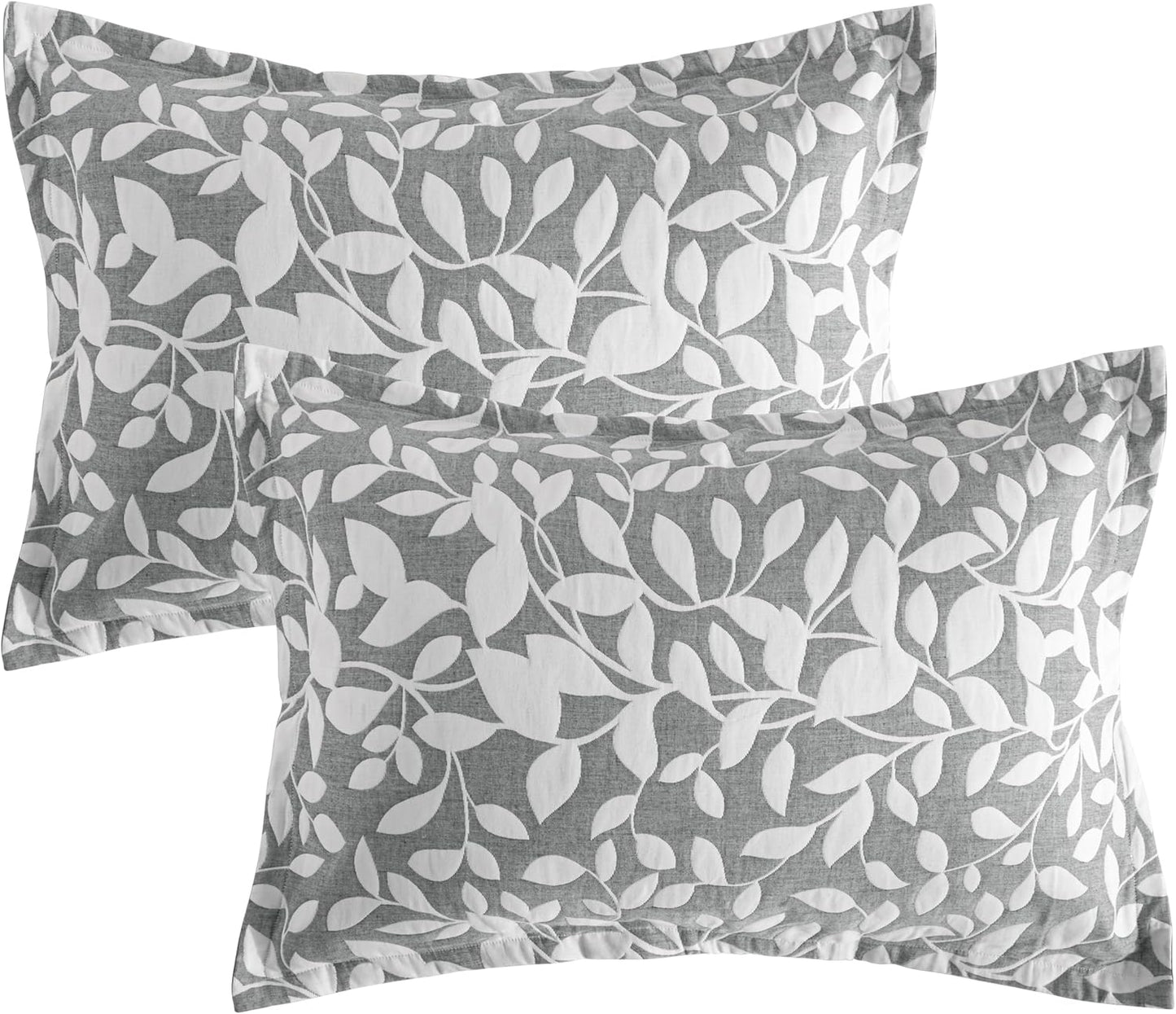 Cotton Standard Pillow Shams, 3 Layer Muslin Breathable Soft Thermal Yarn Dyed Sham Covers, 2 Pack 20X26 Oxford Pillowcases with Envelope Closure, Grey Leaf