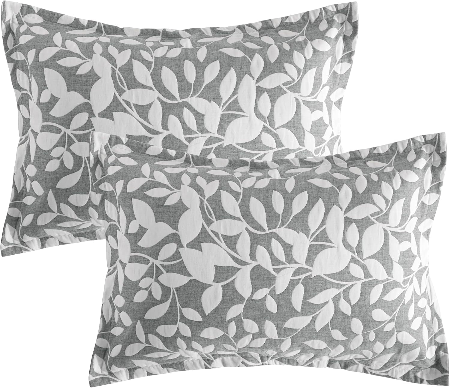 Cotton Standard Pillow Shams, 3 Layer Muslin Breathable Soft Thermal Yarn Dyed Sham Covers, 2 Pack 20X26 Oxford Pillowcases with Envelope Closure, Grey Leaf