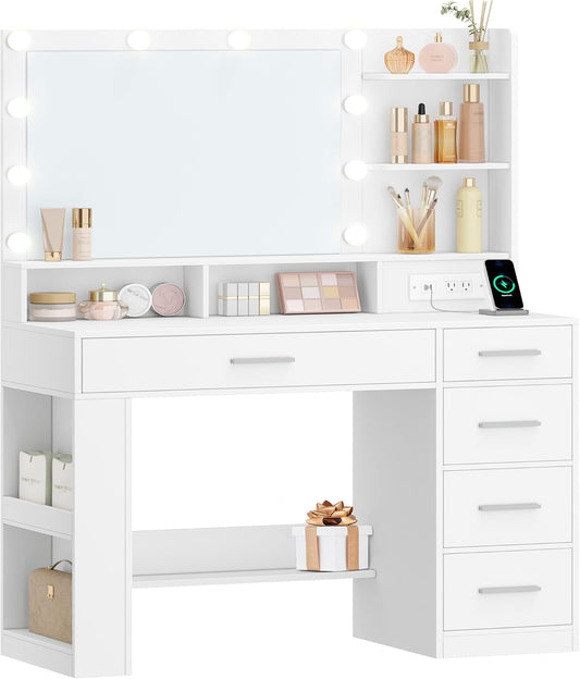 Vanity Desk with Large HD Mirror, Makeup Vanity with Led Lights, Dressing Table with Power Strip, 6 Storage Shelves, 5 Drawers and Side Open Storage, Simple, White WX426HDT