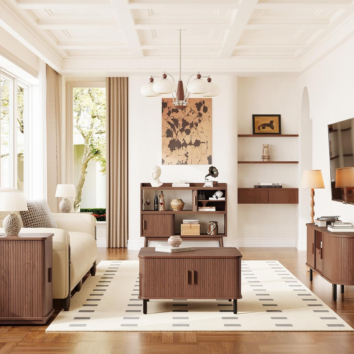 44" Sideboard Buffet Cabinet with Outlet & 2 Open Storage Spaces, Fluted Sideboard Cabinet with Sliding Door & Adjustable Shelves, Mid-Century Accent Coffee Bar Console Table with Wooden Feet