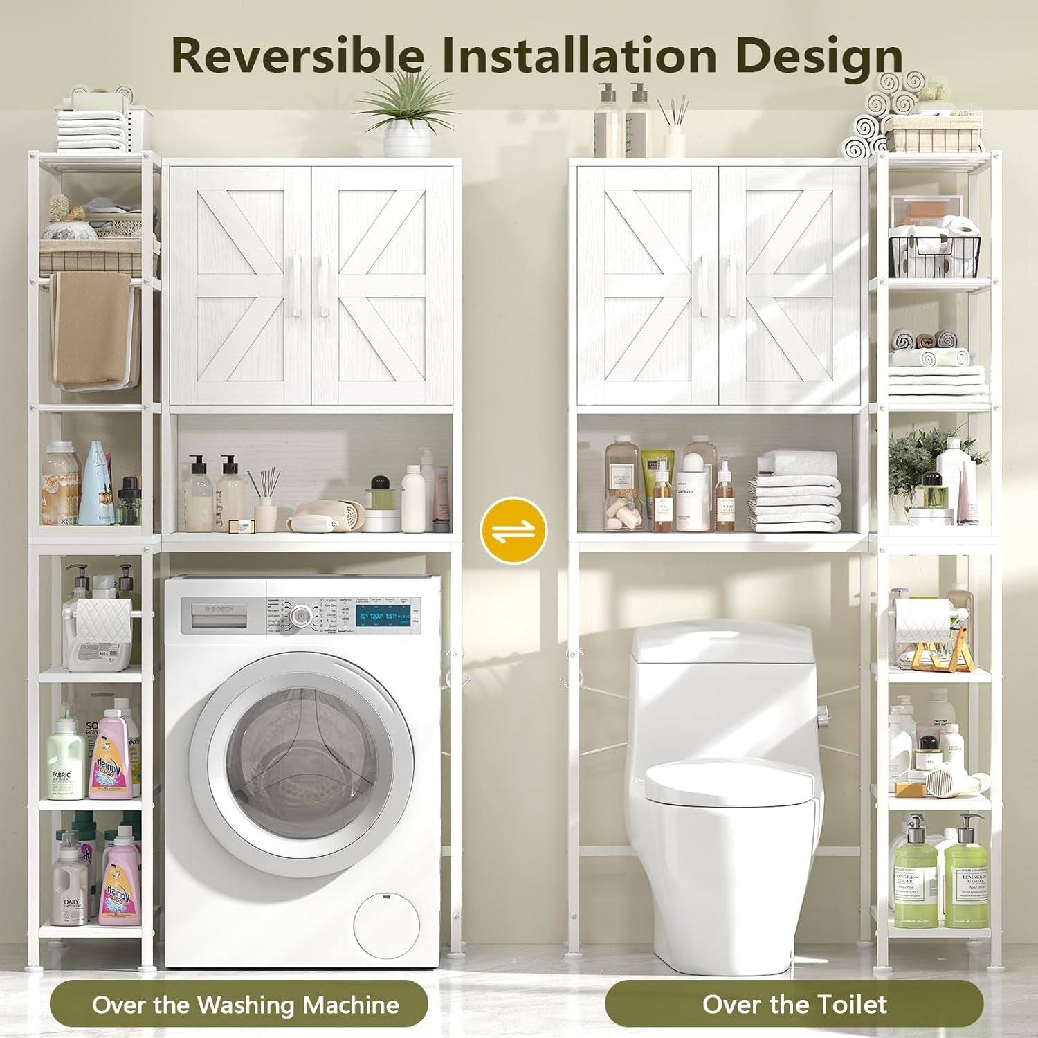 over the Toilet Storage Cabinet with Doors, 7 Tier over Toilet Bathroom Organizer with Adjustable Shelf, Freestanding Space Saver Toilet Rack with Paper Holder for Restroom, Laundry, White