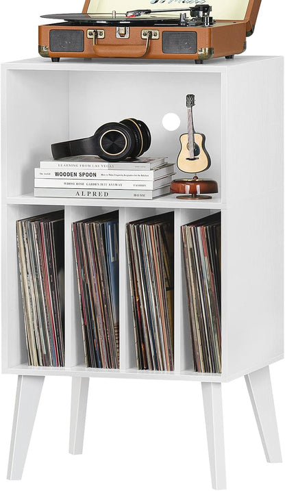 Record Player Stand, White Turntable Stand Holds up to 160 Albums, Mid-Century Vinyl Storage Cabinet Table with Solid Wood Legs, Record Player Holder Dispaly Shelf for Bedroom Living Room