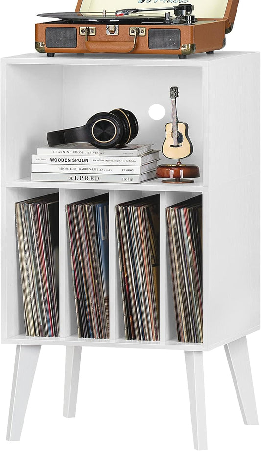 Record Player Stand, White Turntable Stand Holds up to 160 Albums, Mid-Century Vinyl Storage Cabinet Table with Solid Wood Legs, Record Player Holder Dispaly Shelf for Bedroom Living Room
