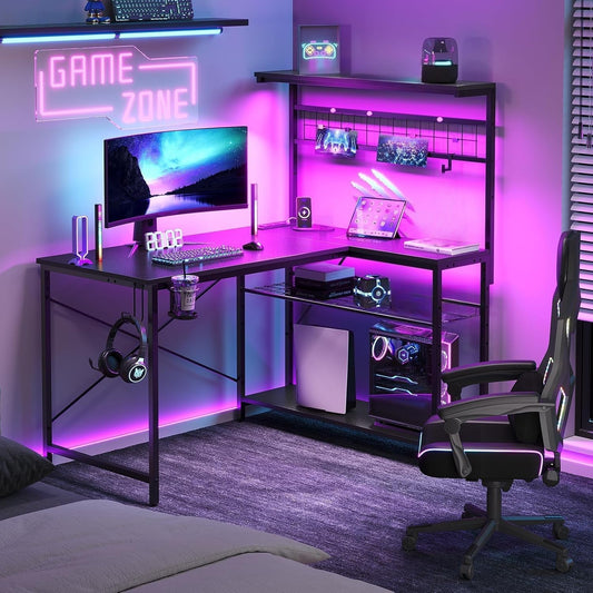 42 L Gaming Desk,Computer Desk with Power Outlets, LED Lights, Reversible Corner Desk with 4-Tier Shelves,Cup Holder & Hook Carbon Fiber Black