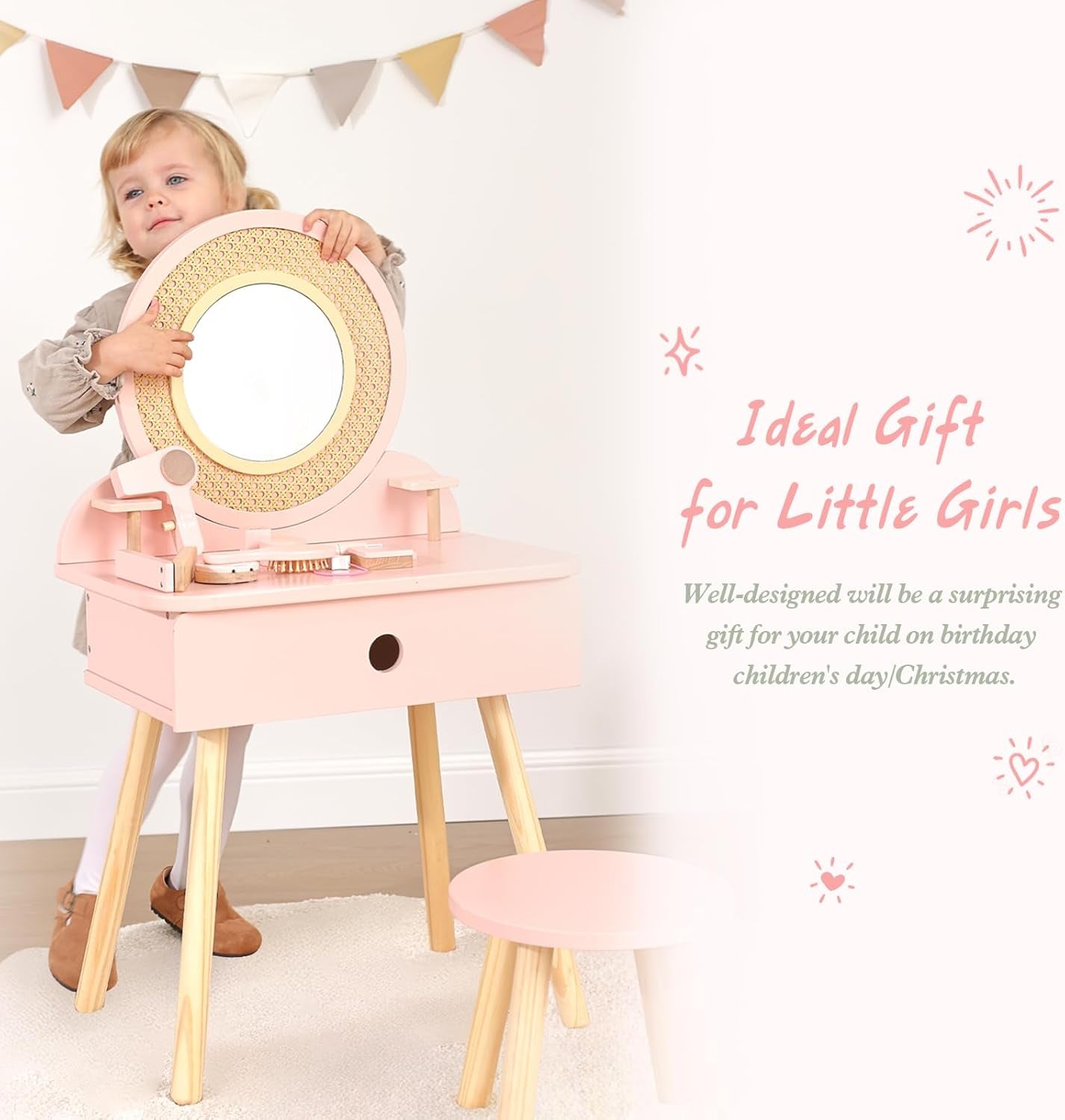 Kids Vanity Table and Chair Set, Pink Girls Vanity with 11 Pcs Accessories, Enough for Real and Pretend Makeup, Toddler Vanity for 3 Year Old and up as Ideal Gift