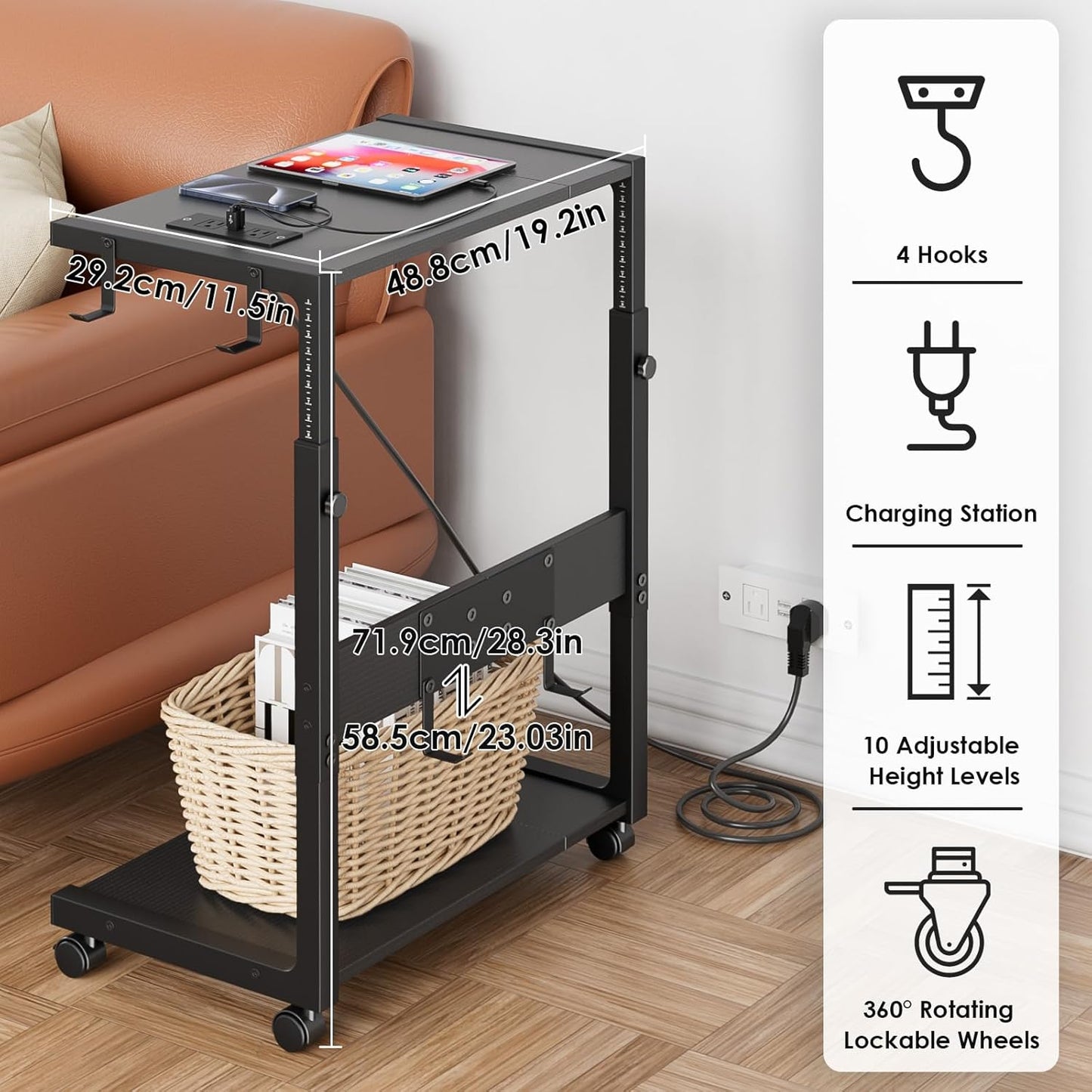 Computer Tower Stand - Adjustable PC Tower Stand CPU Holder Cart with Charging Station for Office Home Classroom,23.03"-28.3" H, Black