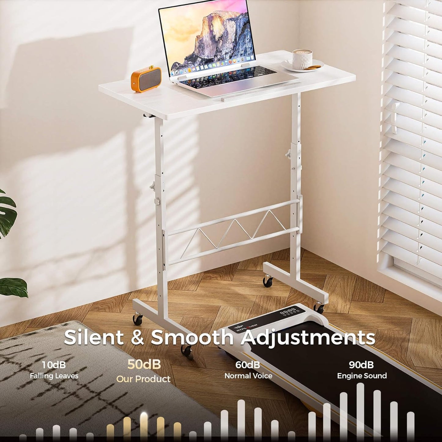 Small Standing Desk Adjustable Height & Tiltable Tabletop, Mobile Stand up Desk for Laptop, Portable Computer Table for Home Office Work and Walking Pad Treadmill, Height 30.7"-46.4", White