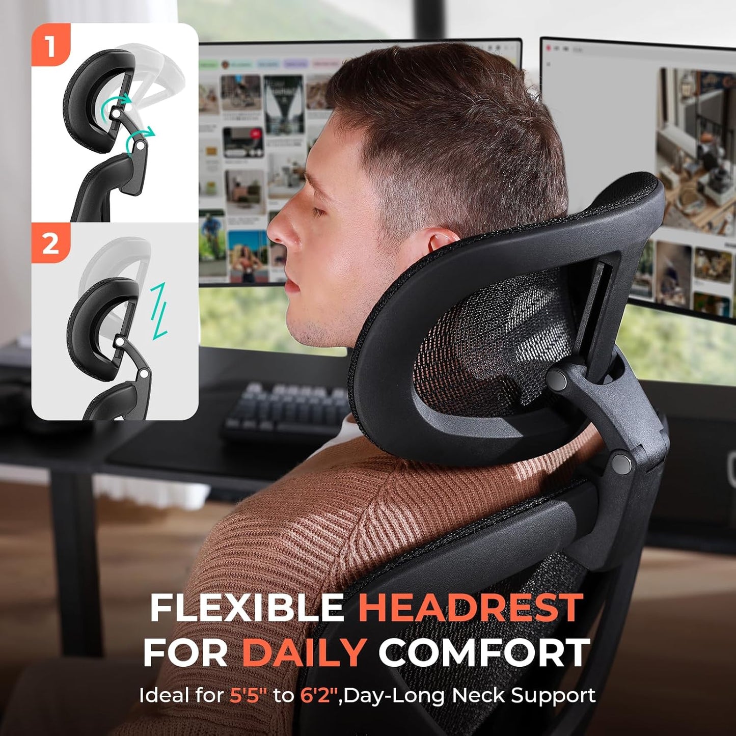 Ergonomic Mesh Office Chair, Adjustable Lumbar High Back Desk Chair 400Lbs, 4D Flip-Up Arms, 3-Level Tilt Backrest, 3D Headrest, PU Wheels, Swivel Rolling Computer Seating for Long Desk Work
