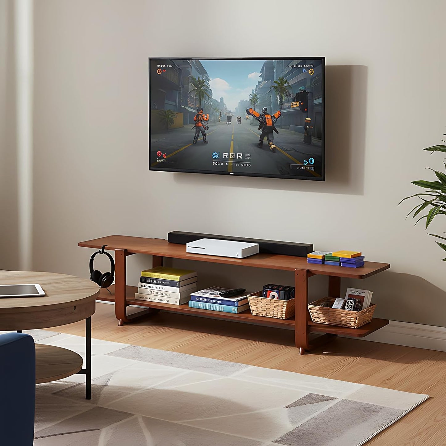 TV Stand with Storage for Tvs up to 65'', Bamboo TV Console Entertainment Center with 2 Open Shelf, Mid Century Modern Media Console for Living Room, Bedroom, Walnut