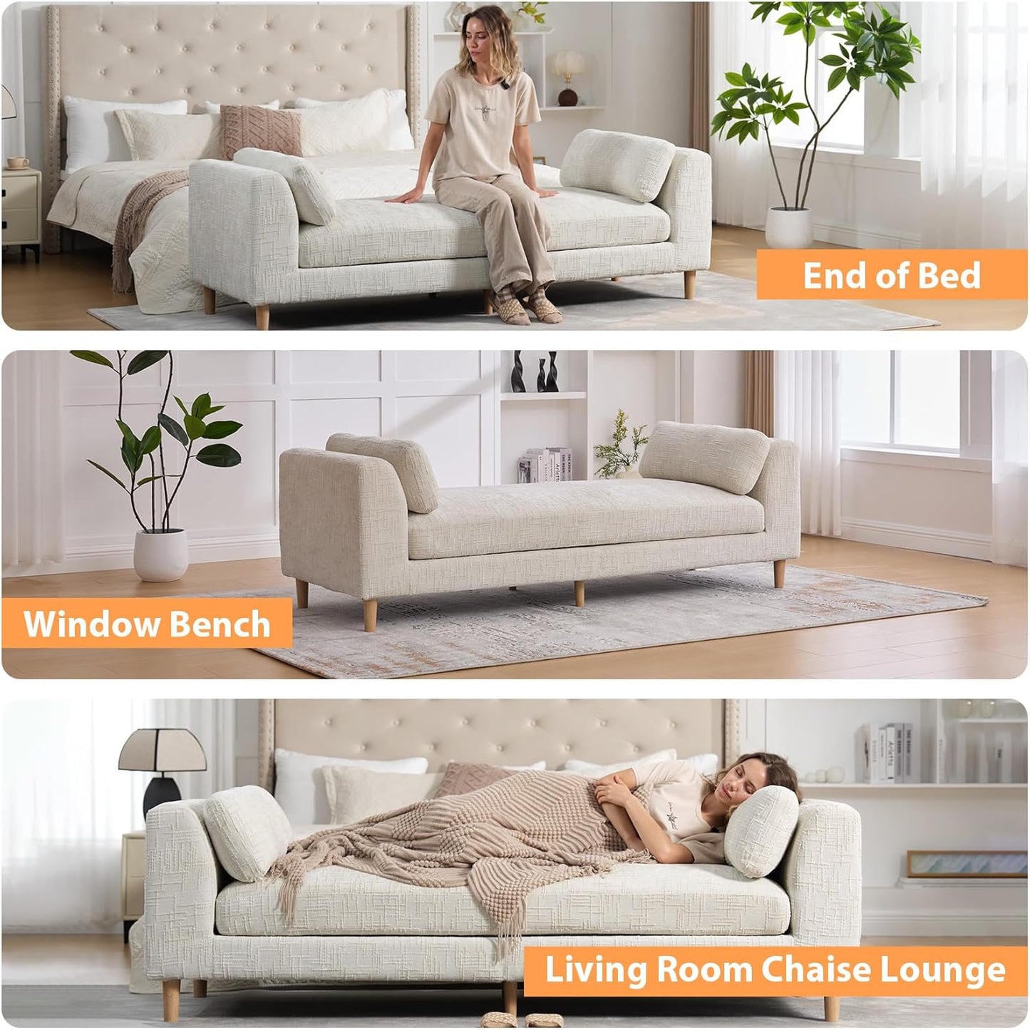 83.1" Oversized Chaise Lounge, Chenille Upholstered End of Bed Bench with Arms, Sleeper Sofa Daybed with 2 Pillows for Bedroom, Living Room, Window Seat, Beige.