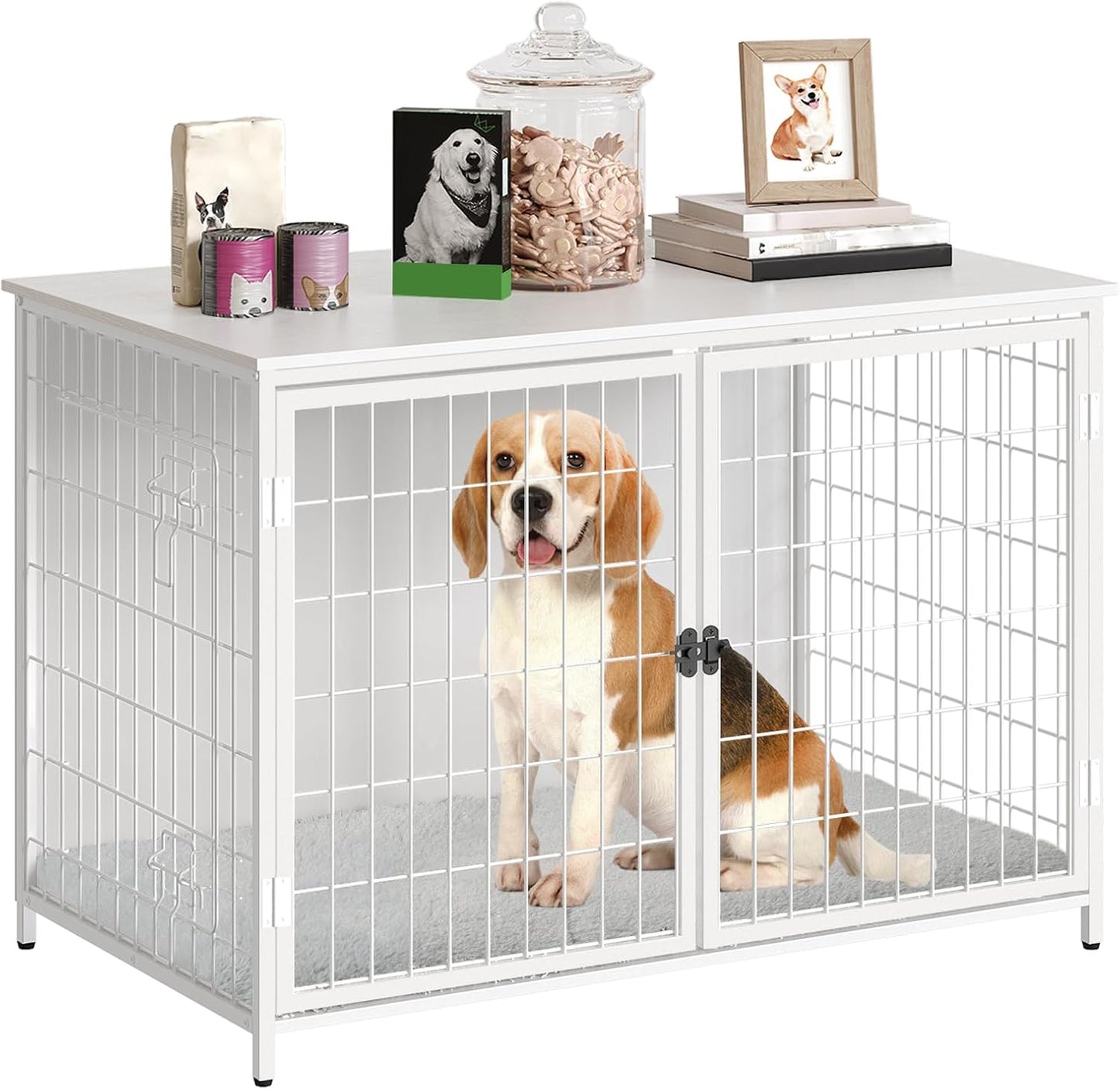 Dog Crate Furniture with Cushion, Wooden Dog Kennel with Double Doors, Heavy Duty Dog Cage for Small/Medium/Large Dogs, Indoor Dog House End Table, 31.5" L, Greige DCHG0701