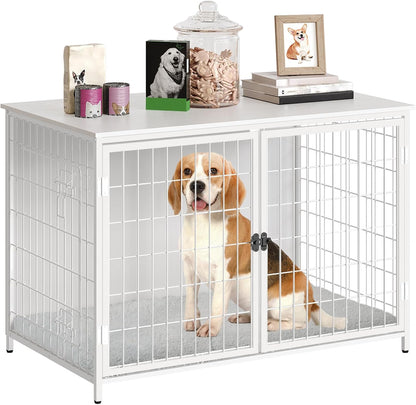 Dog Crate Furniture with Cushion, Wooden Dog Kennel with Double Doors, Heavy Duty Dog Cage for Small/Medium/Large Dogs, Indoor Dog House End Table, 39.4" L, Rustic Brown DCHR10701