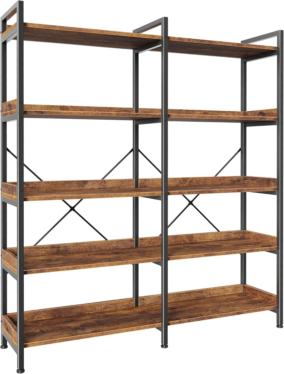 5 Tier Bookshelf, Display Bookshelf with 10 Open Shelves and Raised Baffle, 47.2 Inch Straight Wide Bookcase with Metal Frame and Wooden Board, Adjustable Feet, Rustic Brown