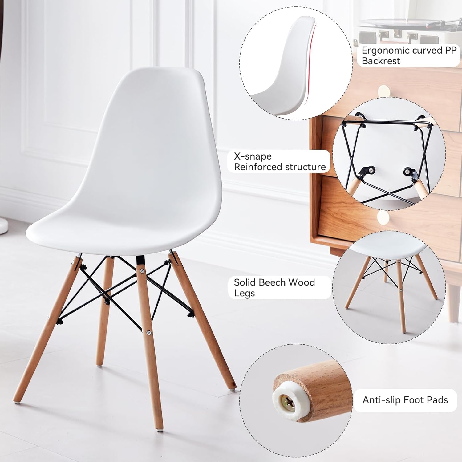 5-Piece round Dining Table Set, Small 35.5" Kitchen Table Chairs Set of 4 Space Saving Furniture, Plastic Seats, Solid Wood Legs, for Living Room Apartment Office Home, White