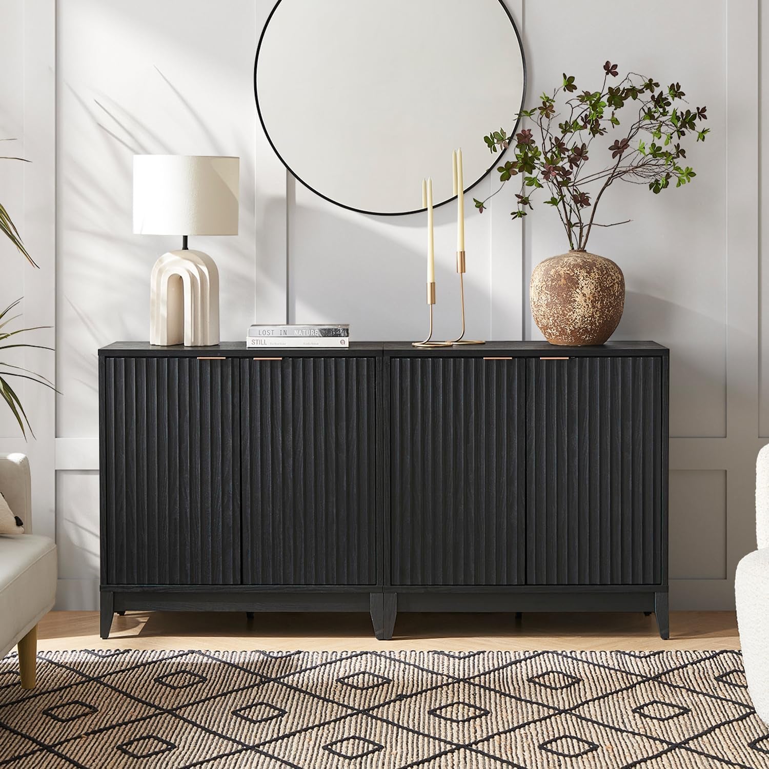 Brooklyn Storage Cabinet, Modern Farmhouse Entryway Accent Case, Buffet Sideboard, Console Table, Credenza, Wood Modular Organizer with Doors & Shelf, Fluted Panel Cupboard (Black, Single)