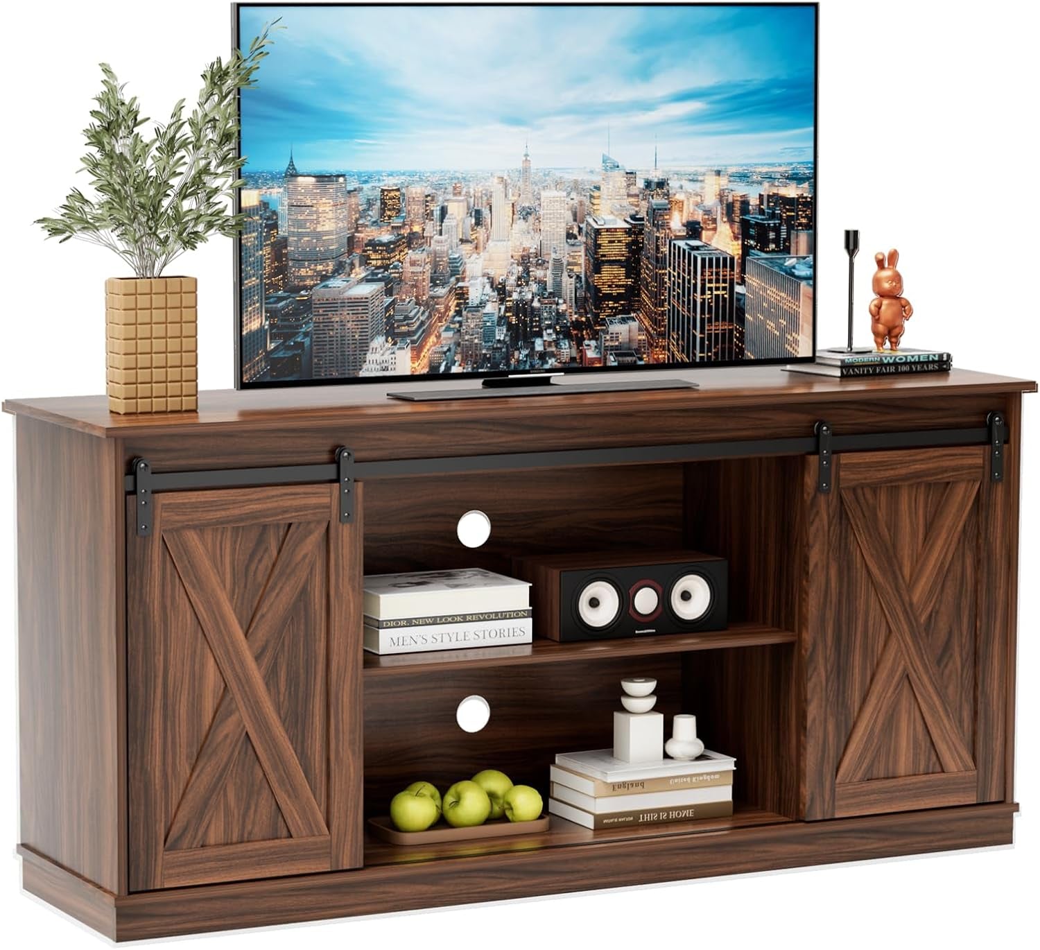Farmhouse TV Stand 65 Inch for Living Room Bedroom Brown, Tall Entertainment Center with Storage Shelves, Media Console Cabinet with Wood Board, 300 LBS Capacity and Sliding Barn Door