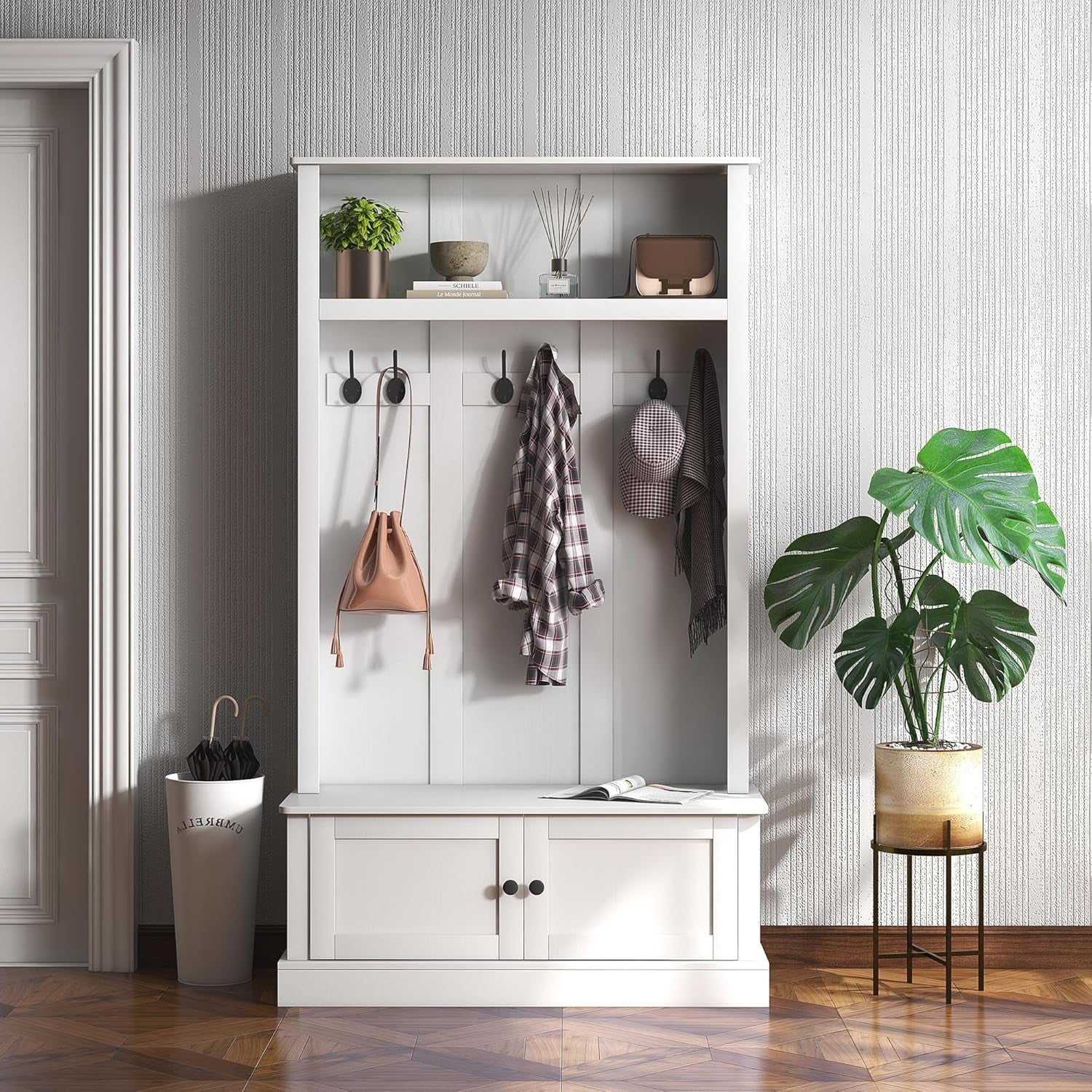 42" 3-In-1 Entryway Hall Tree with Storage Bench, Coat Rack with Six Hooks, Shoe Storage and Top Shelf, White